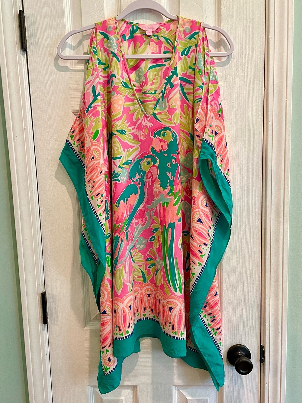 Lilly Pulitzer Atlin Silk Caftan Dress – Tiki Pink Bird of Paradise – S/M